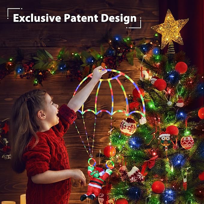 Christmas Decorations Lights Outdoor, 2.8ft LED Christmas Parachute Light with Santa Claus, 8 Modes & Timer Battery Operated Hanging Xmas Lights for Roof Eave Balcony Home Garden Decor (Multicolor)