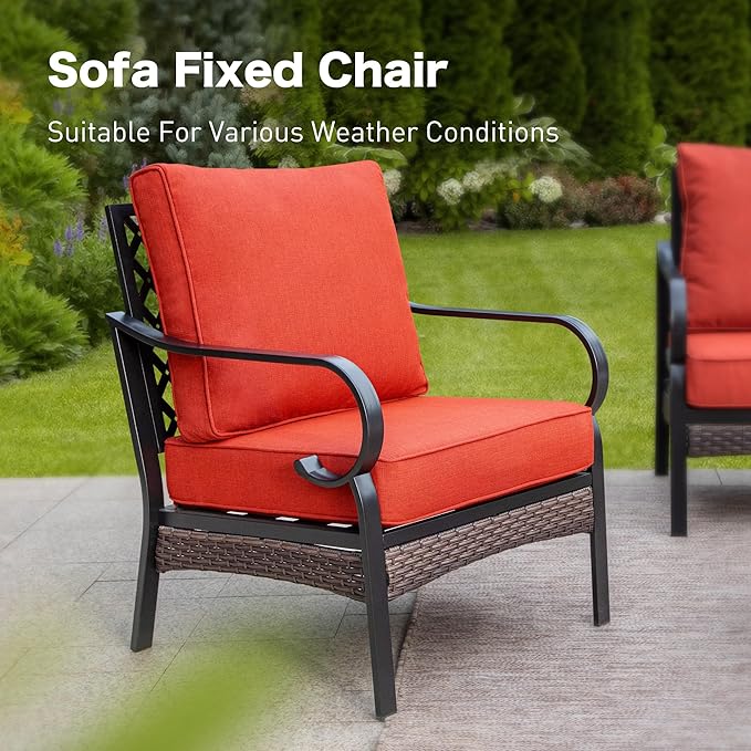 5 Piece Metal Outdoor Patio Furniture Sets with Firepit Table, Patio Conversation Sets 1 3-Seater Sofa, 1 Loveseat, 2 Single Sofa with 5.75" Cushion for Backyard Deck, Rust Red
