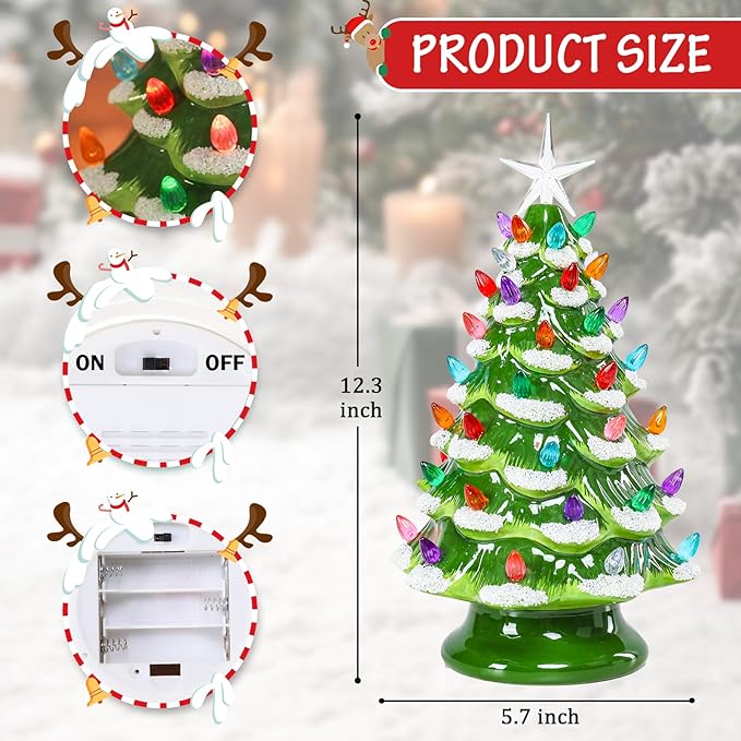 Ceramic Christmas Tree 12 Inch Tabletop Christmas Tree Vintage Christmas Decoration Battery Operated Small Green Xmas Trees with Multicolored Lights