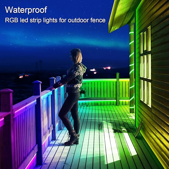 Outdoor LED Strip Lights Waterproof,IP68 Outside Led Light Strips Waterproof with Bluetooth App Remote Control,Music Sync RGB Exterior Led Rope Lights,for Balcony,Deck (300ft Outdoor LED Strip Lights)