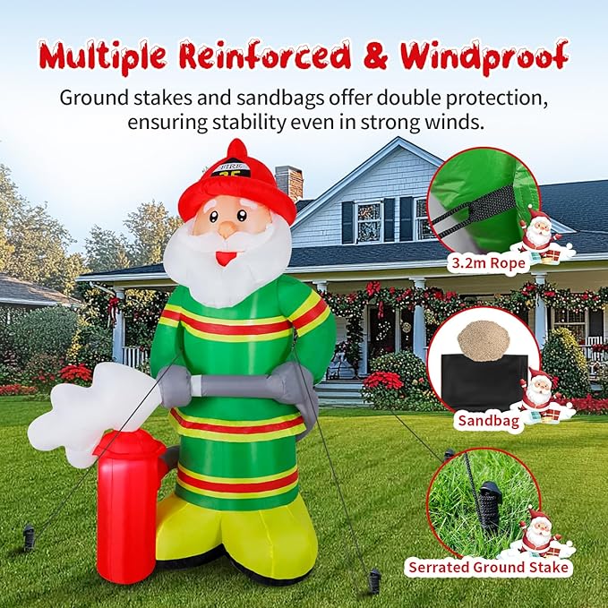 Christmas Inflatable Santa Claus Firefighter Decoration,7FT LED Lights Blow Up Decor Holding Fire Extinguisher,Outdoor Standing Waterproof Smiling Santa Claus for Xmas Holiday Party Yard Garden Lawn