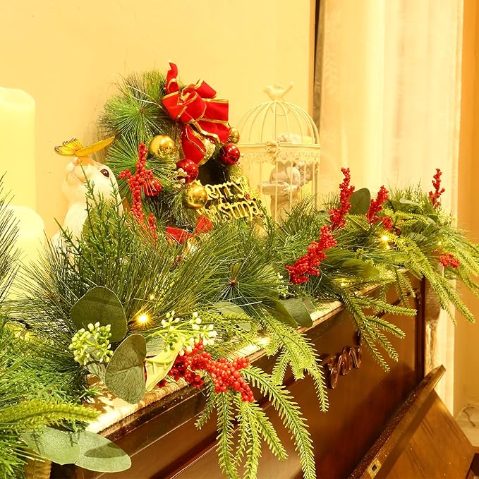 Joyhalo Christmas Garland with Lights, 6FT Prelit Christmas Greenery Garland Battery Operated Lighted Christmas Garland for Mantle, Stairs Railing, Outdoor, Indoor Decoration