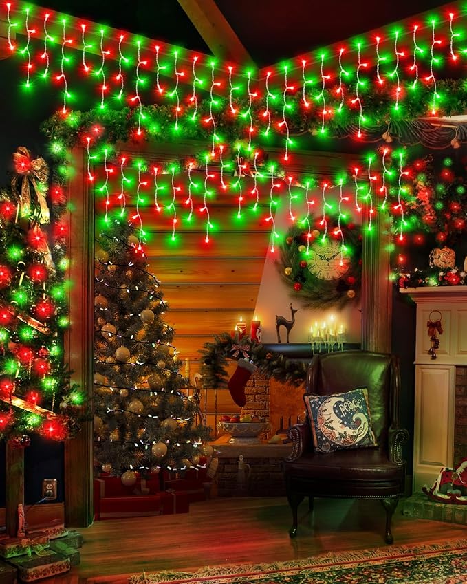 159 FT Christmas Lights Outdoor, 1458 LED Waterproof Outside Christmas Lights Plug in, Timer & Memory, 8 Modes Fairy Lights with 324 Drops for House Eaves Yard Patio Decorations, Red and Green