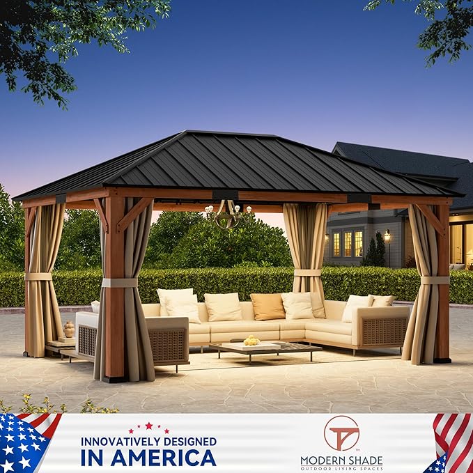 Modern Shade Tranquil Grove Wood Gazebo 12' x 16', Grill Gazebo with Galvanized Steel Roof, Mosquito Netting and Curtains, Permanent Hardtop Pavilion with Sturdy Hooks for Garden, Backyard