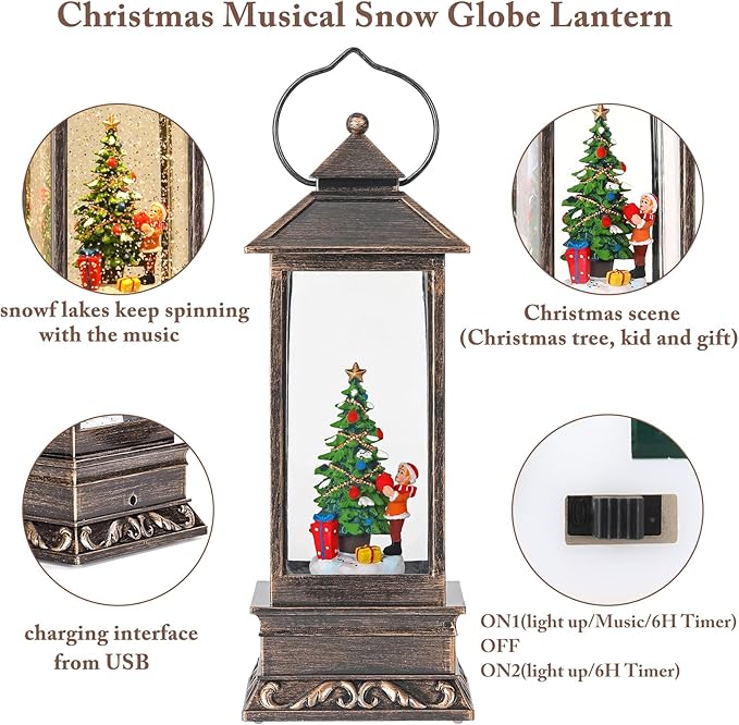 12 Inch Snow Globe Christmas, Glitter Lighted Lantern with Music, USB and Battery Operated Snow Globes Decorations Indoor for Home, Christmas Decor (Christmas Tree)
