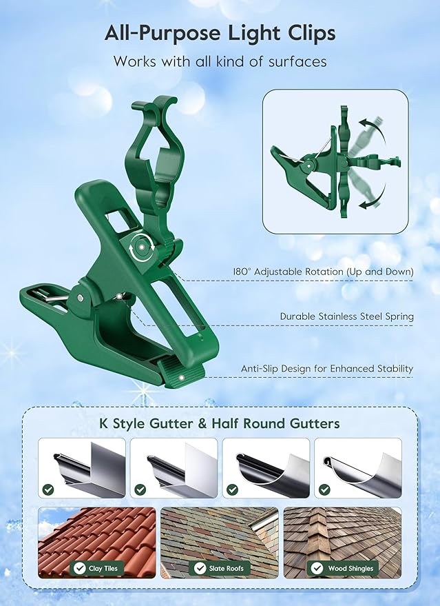C7 C9 Large Christmas Light Clips – Universal Gutter & Shingle Clips for E12/E17 Base, Mini & Icicle Lights – Outdoor Spring Clips for Roof, Fence, String Lights Decorations – 150 Pack