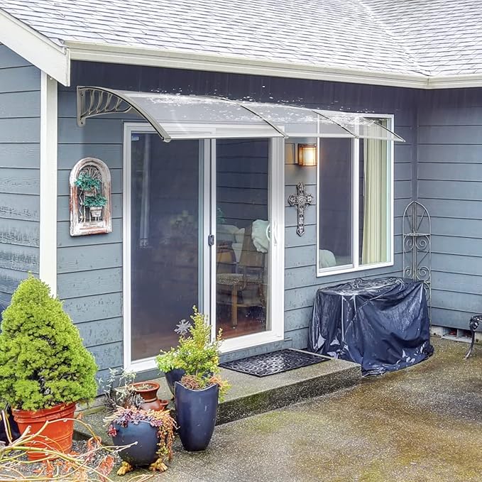 Window Awning Door Canopy Exterior- 38" x 120" Aluminum Door Awning, Polycarbonate Cover Patio Canopy Awning for House, Outside, Rain Snow & UV Resistant (Clear Board & Grey Bracket)