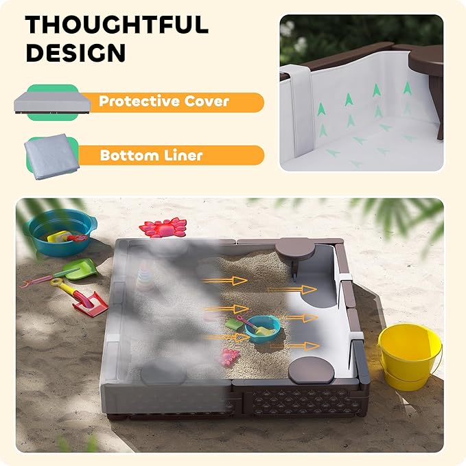 Qaba Kids Sandbox with Cover, Square 47 HDPE Large Sand Pit with 4 Seats, Waterproof Bottom Liner, Weather Resistant Outdoor Sand Box for Backyard, Lawn, Garden, Beach, Patio, Brown