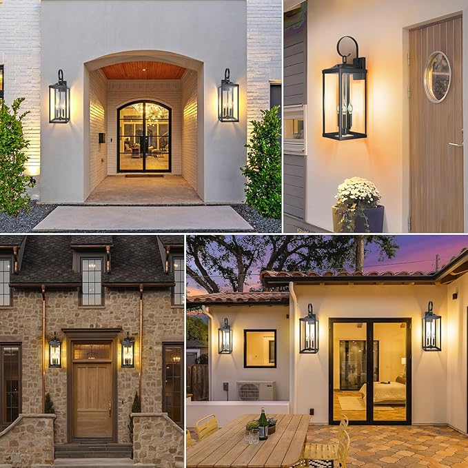 2 Packs 24" Extra Large Dusk to Dawn Light Fixture 3-Light, Black Outdoor Porch Lantern Wall Mounted, Waterproof Modern Outside Wall Sconce Coach Lamp for House, E12