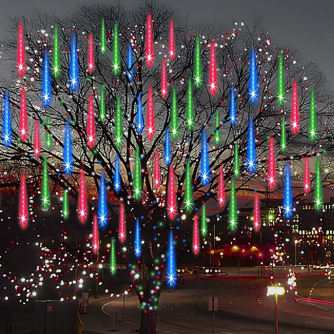 Christmas Lights Outdoor Tree Cascading Icicle Light 8 Tubes 192LED Shooting Star Waterfall Meteor Shower Falling Rain Lights for Xmas Decorations Wedding Party New Year (Multi Color)