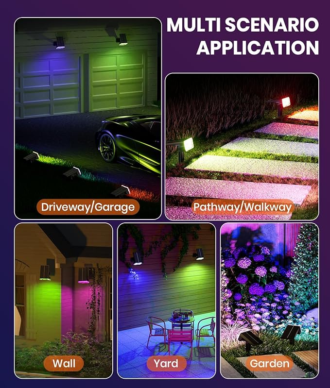 8-Pack Solar Spot Lights Outdoor Multicolor IP65 Waterproof RGB - 6 Colors, 10 Modes, 105° Adjustable 58 LED Flood Lights, Solar Powered Christmas Spotlights for Yard/Garden/Landscape Lighting Outside