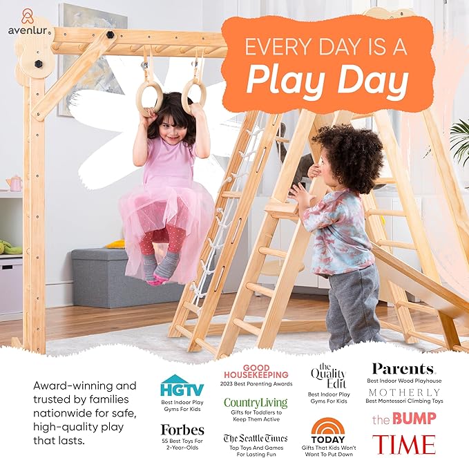 Avenlur 8-in-1 Indoor Play Gym ? Toddler Jungle Gym for Kids Ages 2?6 ? Indoor Playground Wooden Climbing Playset with Slide, Monkey Bars, Ladder, Rope Ladder, Rock Climbing, Swing, Rings, Disc Swing