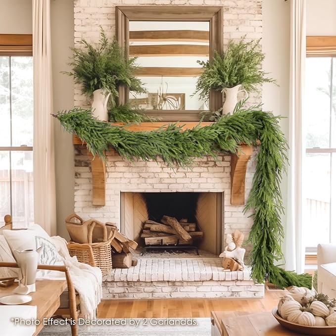 WBHome 2 PCS Real Touch Norfolk Pine Christmas Garland, Winter Greenery Garland for Christmas, Holiday Seasonal Outdoor/Indoor Home Decor