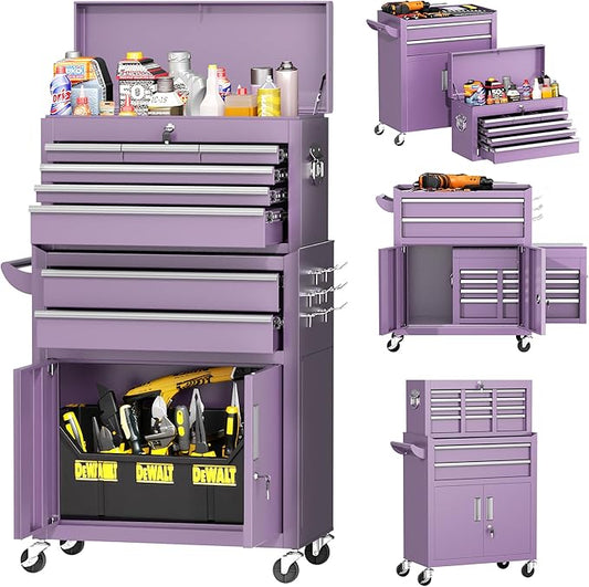 INTERGREAT Tool Chest, Assembled 8-Drawers Rolling Tool Chest with Wheels, Detachable Top Tool Box, Tool Cabinet for Repair Room,Warehouse, Rolling Tool Box with Hooks,Tray Divider,Liners(Purple)