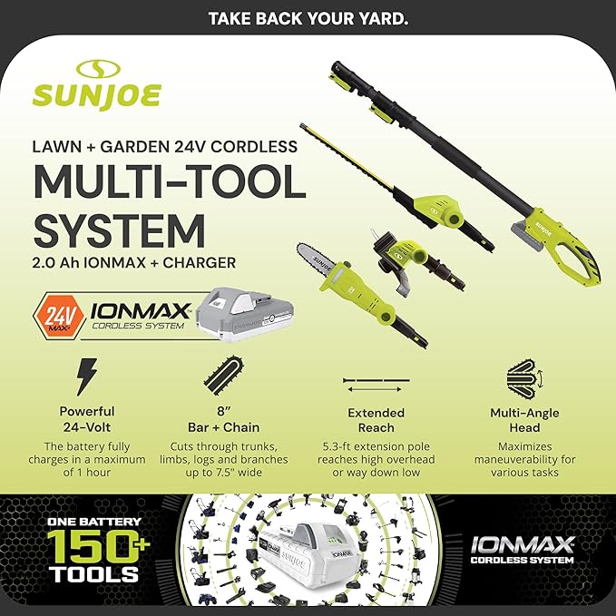 Sun Joe Cordless Lawn Care System, Grass & Hedge Trimmer Combo Power Tool Kit with 8¡± Pole Saw, Batteries & Charger - Heavy-Duty Trimming Machine Set for Lawn, Yard & Gardening Care, IONMAX GTS4002C