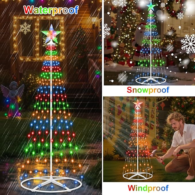 Forlivese 204LED Outdoor Solar Christmas Tree Lights, 5FT Lighted Artificial Cone Tree with Remote, 8 Modes, USB Charge, Timer & Waterproof Christmas Tree Decor for Garden Yard Patio, Multicolor