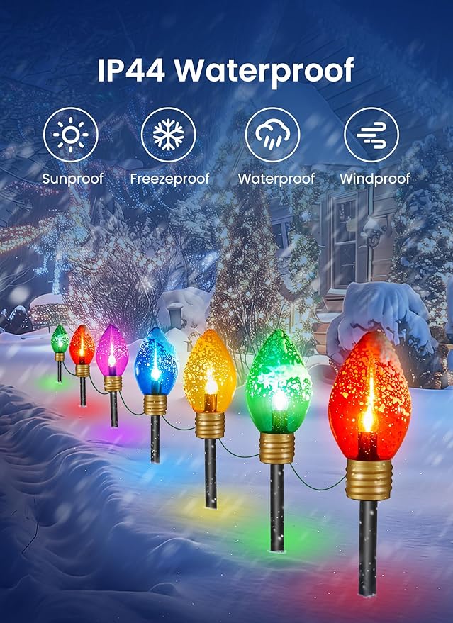 Christmas Lights Jumbo C9 Outdoor Lawn Decorations with Pathway Marker Stakes, 4 Pack 10.5 Feet String Lights Covered Jumbo Multicolored Light Bulb for Holiday Outside Yard Garden Decor, 20 Lights