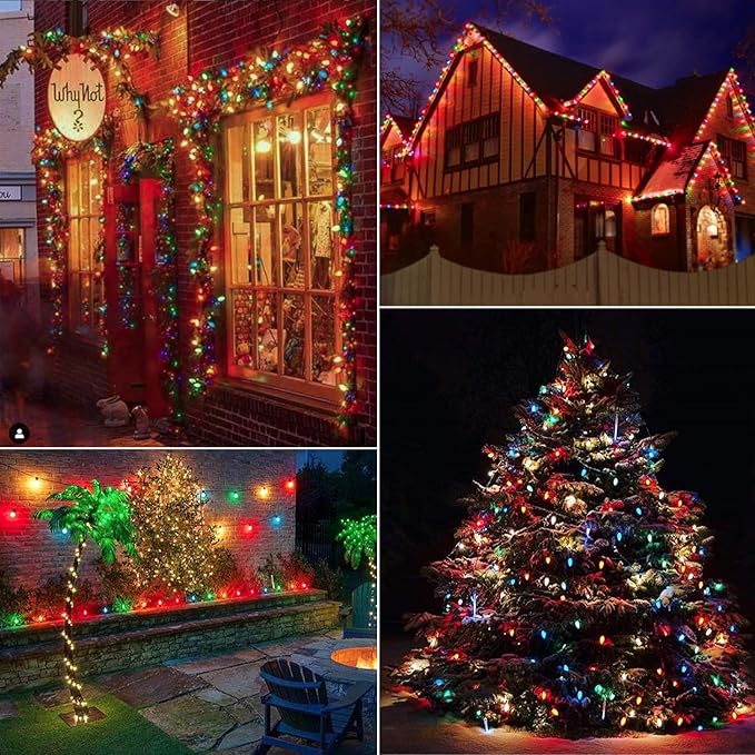 C9 Multicolor Christmas Lights Outdoor, 25Ft Vintage Christmas String Lights with 26 Colorful Ceramic Bulbs, Hanging Patio Lights for Outdoor Roofline Christmas Tree Garden Pathway Decor, Green Wire