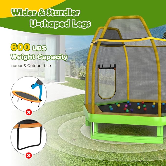 GYMAX Trampoline for Kids, ASTM Approved 7FT Trampoline with Slide, Ladder, Ocean Balls & Mats, Small Indoor/Outdoor Toddler Recreational Trampoline with Enclosure Net, Backyard Trampoline