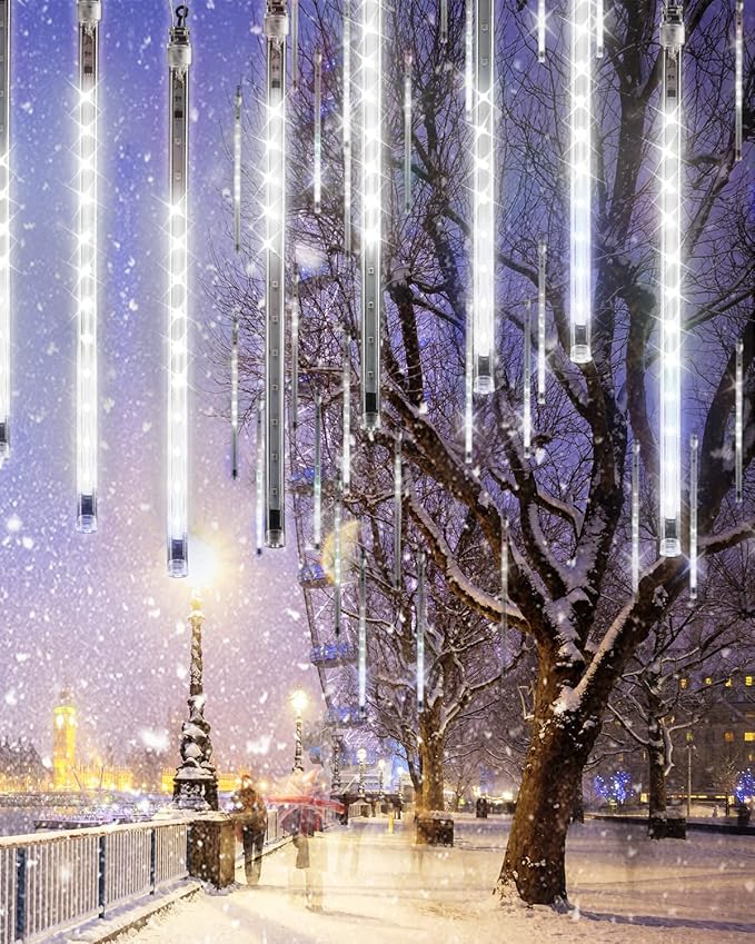 Flacchi Cool White 20 Tubes Meteor Shower Icicle Lights 480 LED Raindrop Lights with Timer Function Cascading Falling Rain Light for Holiday Party Christmas Decorations
