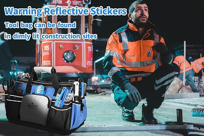16 Inch Wide Mouth Heavy Duty Tool Bag, 21 Pockets and Waterproof Plastics Base Construction Electrician Tote Tool Organizer Bag with Shoulder Strap and Zipper Pocket, Padded Handle, Blue