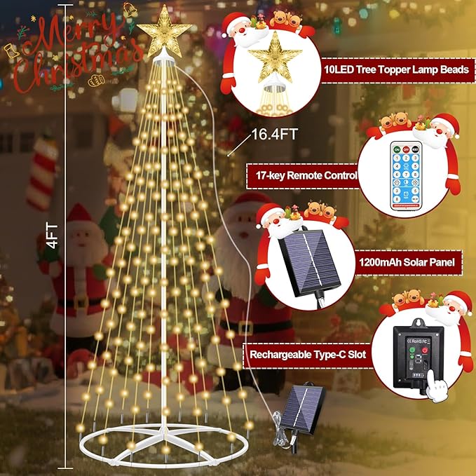 154LED Outdoor Solar Christmas Tree Lights, 4FT Lighted Artificial Cone Tree with Remote, 8 Modes, USB Charge, Timer & Waterproof Christmas Tree Decor for Garden Yard Patio, Warm White
