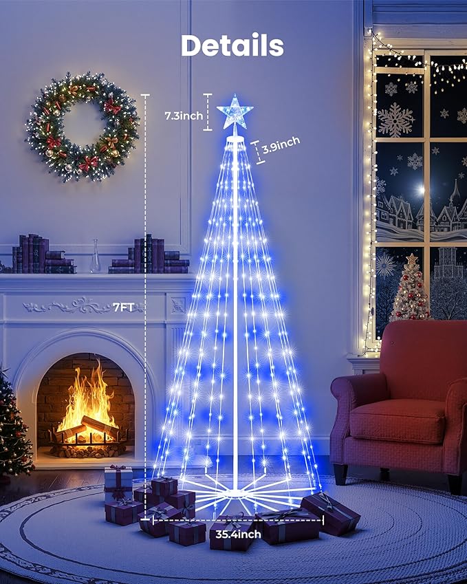 Christmas Cone Tree Light, 7ft 295 LED Light Show Christmas Tree with 8 Modes Timer Remote, Dimmable Artificial Christmas Tree for Porch Yard Patio Indoor Outdoor Xmas Holiday Decor, Blue & White