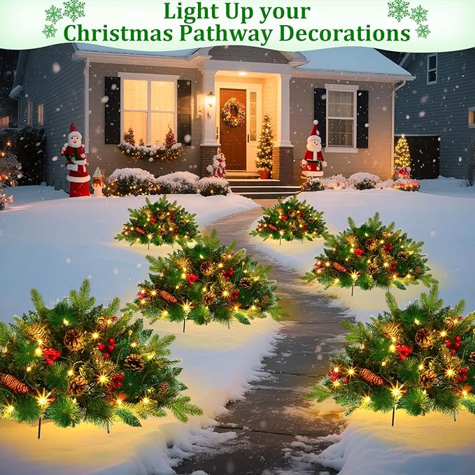 2 Pack 22" Christmas Tree Urn Fillers, Prelit 8 Mode Timer 40LED Lights with 3 Styles Branches Tripod Stake Pine Cones and Berry, Outdoor Christmas Trees Decor