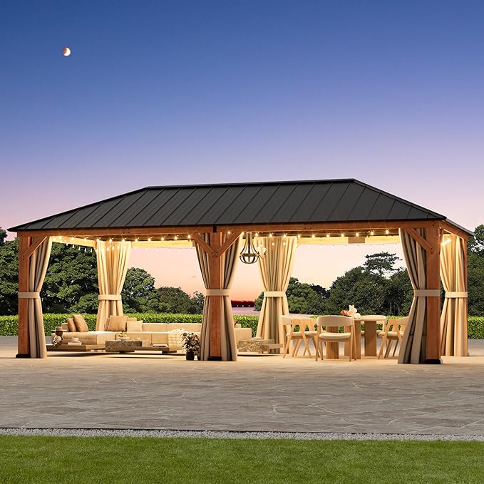 Modern Shade Tranquil Grove Wood Gazebo 12' x 24', Grill Gazebo with Galvanized Steel Roof, Mosquito Netting and Curtains, Permanent Hardtop Pavilion with Sturdy Hooks for Garden, Backyard