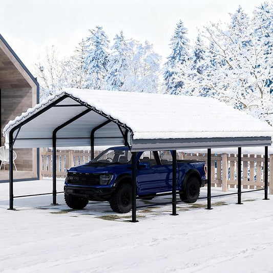 JAMFLY Carport, 12X20 FT Metal Carports, Heavy Duty Carport Canopy with Galvanized Steel Roof and Frame, Metal Car Garage Upgraded Extra Large Garage for Pickup, Boat, Car and Tractors