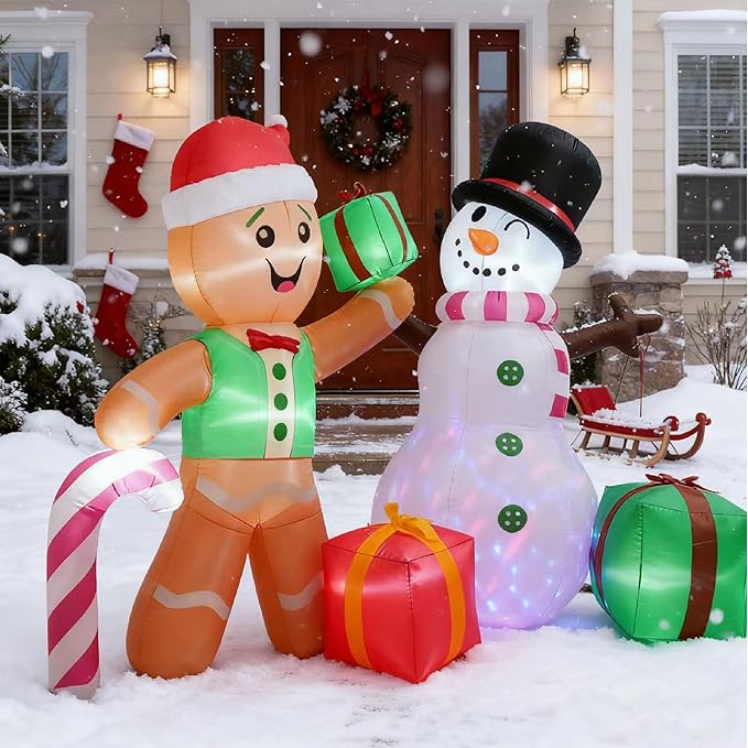 6FT Christmas Inflatable Decoration, Built-in LED Lighting Gingerbread Man Snowman Gift Box, Suitable for Inflatable Decoration in Outdoor Courtyards, Indoor Gardens and Lawns