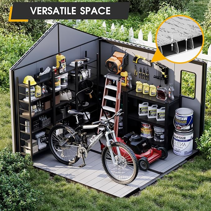 8 x 8 FT Resin Outdoor Storage Shed, All-Weather Plastic Garden Shed with Floor, Lockable Doors & Windows, Plastic Tool Shed for Poolside, Backyard, Patio