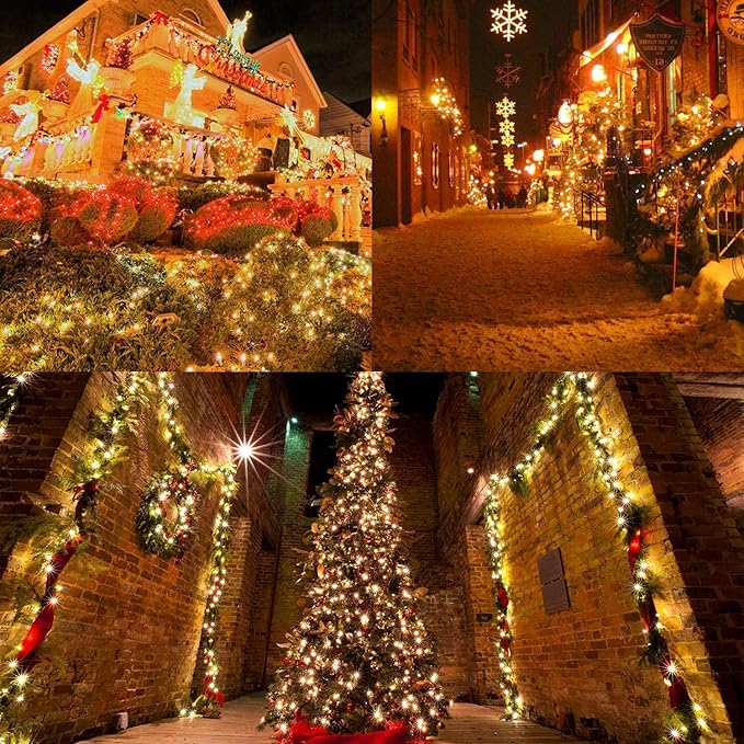 Upgrade 4 Pack Solar Christmas Lights Outdoor Waterproof, Warm White 640 LED Solar Fairy Lights, 8 Modes Solar String Lights for Outside Christmas Decorations Patio Yard Tree Garden