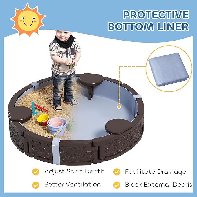 Qaba Kids Sandbox with Cover, Round 47 HDPE Large Sand Pit with 3 Seats, Waterproof Bottom Liner, Weather Resistant Outdoor Sand Box for Backyard, Lawn, Garden, Beach, Patio, Brown