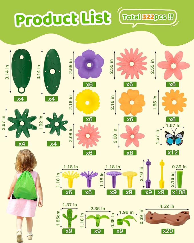 Flower Garden Building Toys for Girls: 322 PCS Kids Gardening Kit Set Gifts for 3 4 5 6 7 Year Old Toddler