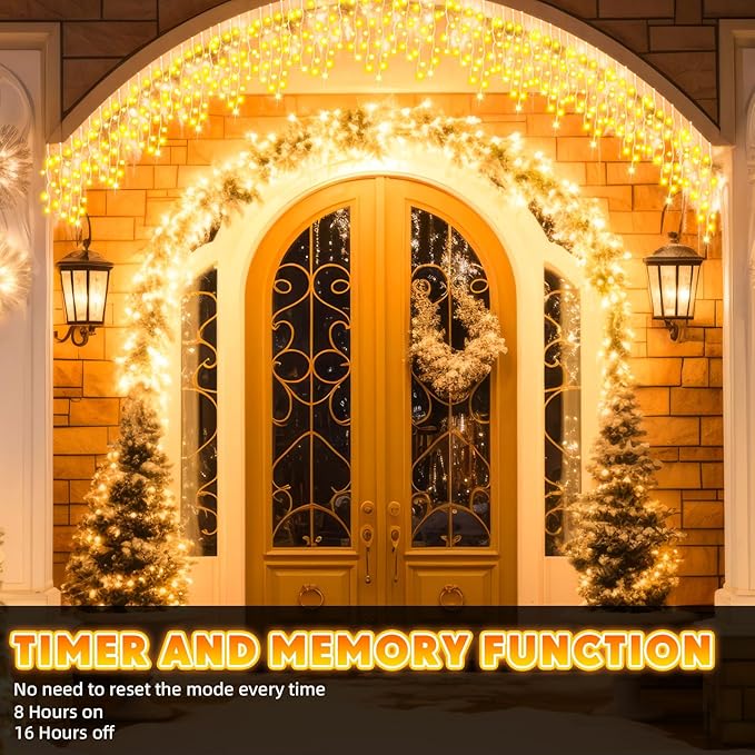 118 ft 1248 LED Christmas Outdoor Icicle Lights LED Fairy String Hanging Lights Waterproof with 8 Modes Timer for Christmas Decorations Wedding Holiday Party Roof Yard, Warm White