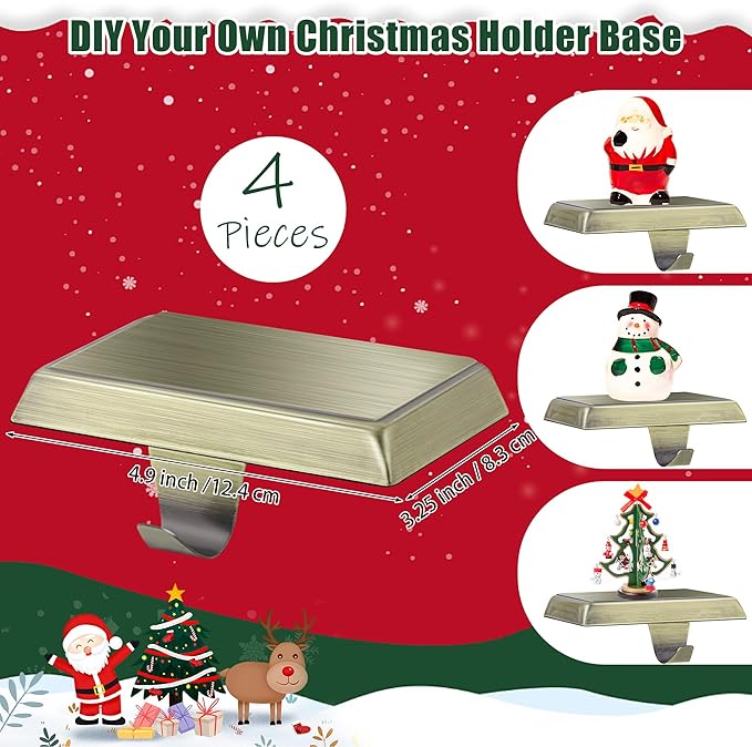 Fovths 4 Pieces Christmas Stocking Holders Bases Metal Mantle Stocking Hooks Fireplace Stocking Hanger Weighted Hanging Hooks for Xmas Holiday Party Decorations, Bronze