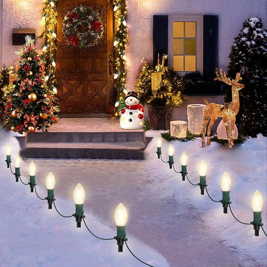 30Ft C9 Led Christmas Pathway Lights Outdoor, 20 Warm White Bulbs Waterproof Connectable Christmas Walkway Lights with Stakes for Yard Lawn Sidewalk Driveway Christmas Decorations