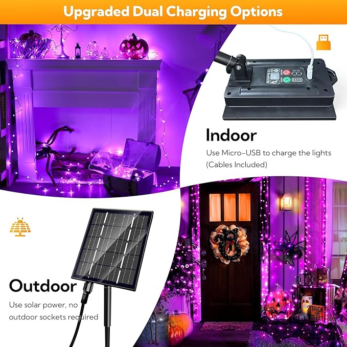 Upgrade 4 Pack Solar Christmas Lights Outdoor Waterproof 500 LED Solar String Lights with 19 Modes, Christmas Decoration Outdoor Waterproof Solar for Outside Tree Yard Party Purple