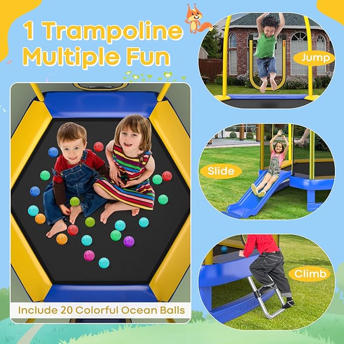 Goplus 7 FT Kids Trampoline with Slide, 87¡± ASTM Approved Toddler Trampoline with Galvanized Steel Frame & Safety Enclosure Net, Ladder, Indoor Outdoor Recreational Rebounder for Kids