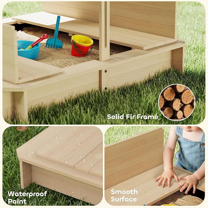 Outsunny Wooden Sandbox with Lid, Kids Sandbox with Canopy Outdoor, Sand Box with Foldable Bench Seats and Sand Protection, Bottom Liner Included, Kids Gift for Aged 3-7, 47X47 in, Natural