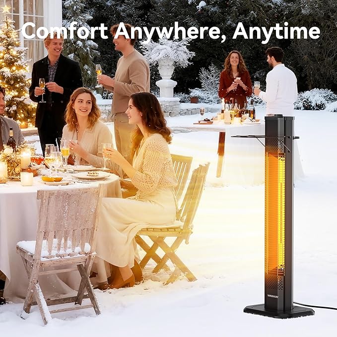 VAGKRI Outdoor Electric Patio Heater, 1500W 36" Infrared Heater with 2 Heat Tube, 3 Levels, Tip-Over&Overheat Protection, IPX5 Waterproof Tower Electric Patio Heater for Outdoor Indoor, Backyard, Room