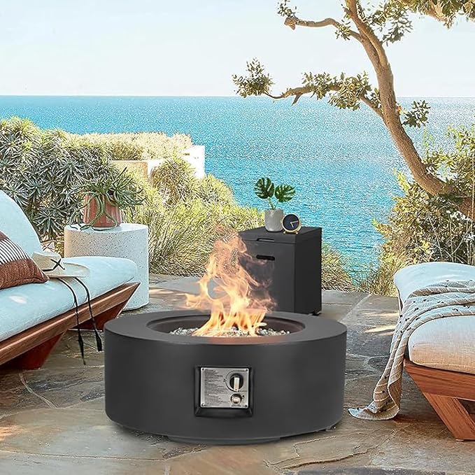 ECOTOUGE 2-Piece Gas Fire Pit, Outdoor Propane Fire Pit Table Set w/Tank Cover, 30''Auto-Ignition Round Steel Fire Table, 50,000 BTU Concrete Fire Pit w/Weather-Resistant Pit Cover, Lava Rocks, Black