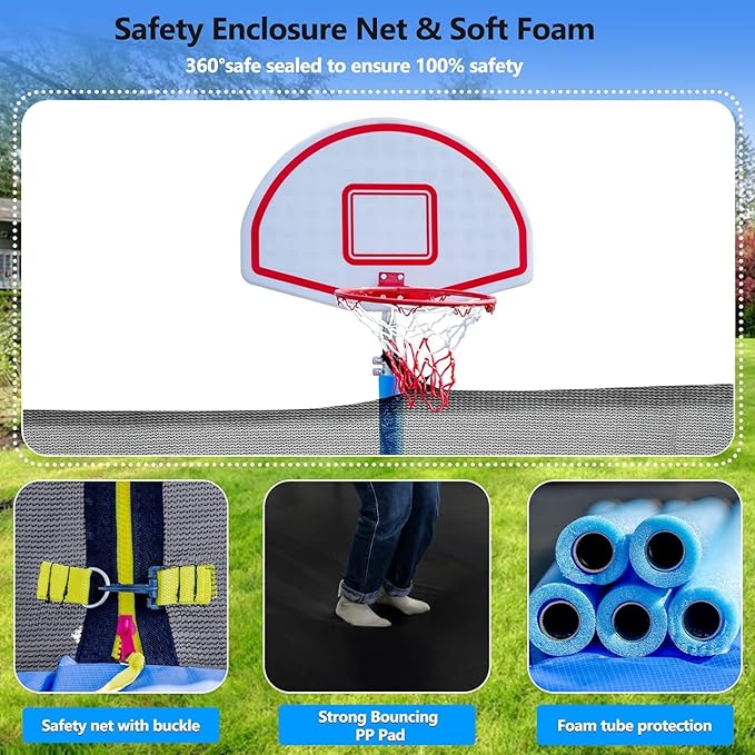 Lyromix Upgraded 16FT 15FT 14FT 12FT 10FT 8FT Trampoline Outdoor with Basketball Hoop and Net, Capacity for 4-6 Kids and Adults