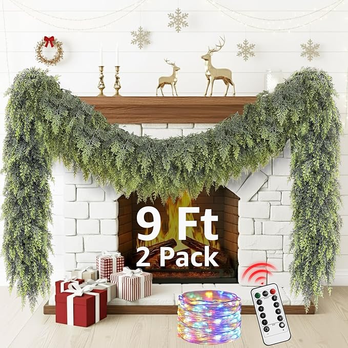 Cedar Christmas Garland with Lights for Mantle - 2 Pack Decorations 9ft Realistic Lighted Faux Pine Garlands for Xmas Home Decoration Indoor Stairs Railing Fireplace Outdoor Prelit Garland Door Decor