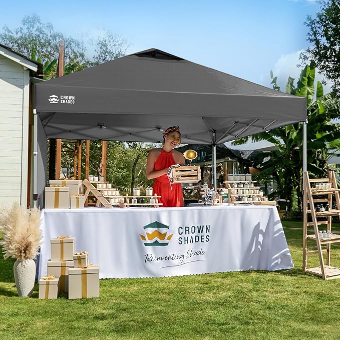 CROWN SHADES 12x12 Pop Up Canopy Tent Instant Commercial with 150D Silver Coated Fabric Including 1 Removable Sidewall, 4 Ropes, 8 Stakes, Weight Bags, STO 'N Go Bag, Grid Grey