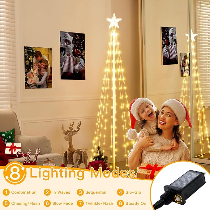Ollny Christmas Tree Lights, 6FT 170 LED Warm White Outdoor String Lights 8 Modes Timer Function IP65 Waterproof Star Light for Indoor Outside House Yard Xmas Decorations