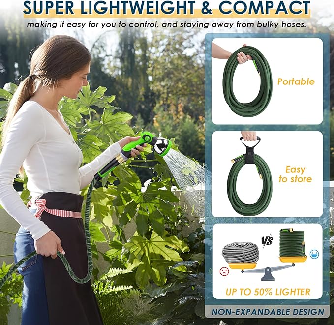 Non-Expandable Garden Hose 100 FT, Lightweight Hose with 10 Function Spray Nozzle, Kink-Free Flexible Water Hose, Durable, Leak-Proof, 360¡Æ Swivel Connectors, Portable Storage Strap