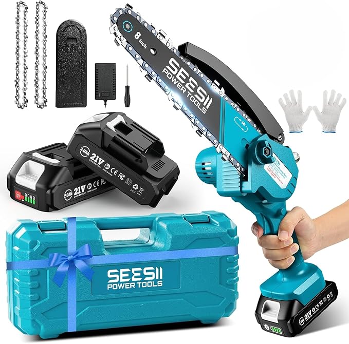 SEESII Mini Chainsaw 8 inch,Cordless Chainsaw w/ 2pcs 2000mAh Batteries,Oiler System & Replacement Chain,Handheld Chain Saw w/Safety Lock,Battery Powered Chain saw for Wood Tree Cutting,M8 Plus
