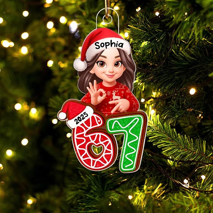 Paraeva Custom 67 Ornament 2025, Custom Name Funny Gen Z Meme Decoration, Viral Six Seven Christmas Ornament with Santa Hat, Acrylic Ornaments for Teens, Gifts for Christmas 3